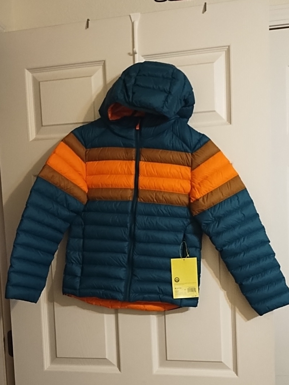 Down Puffer Hoody Jacket in Teal, Orange & Brown. Kids Medium (8-10)